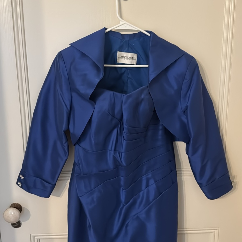 Montage boutique formal silk strapless gown with matching jacket. Sz 12.